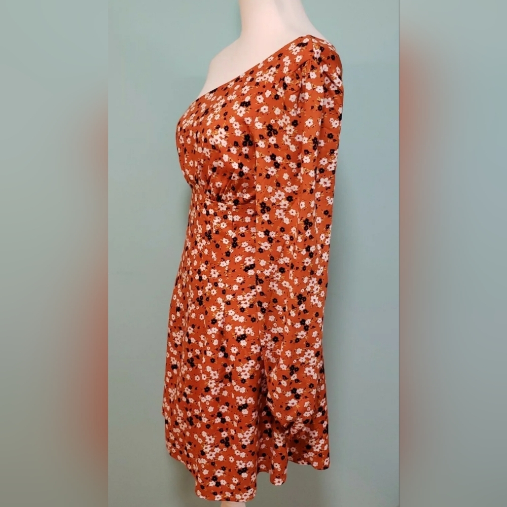 FREE PEOPLE JULES ONE SHOULDER LONG SLEEVE  FLORAL DRESS DARK CHEDDAR SZ 6 SMALL - Picture 3 of 7